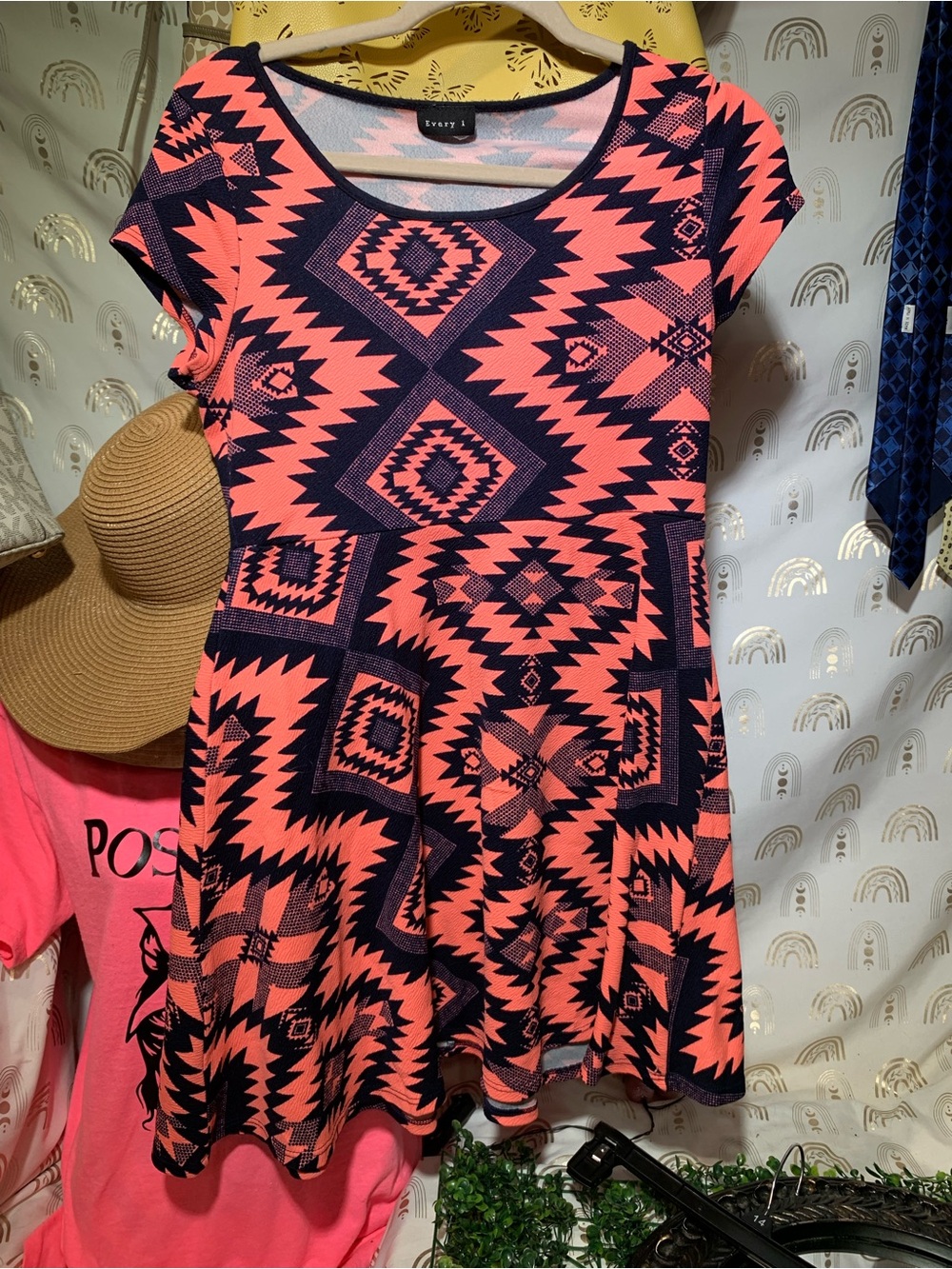 Girls' Coral and Navy Aztec Print Casual Swing Dress